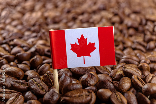 Canada flag on roasted coffee beans. Concept for export, import, business, market, industry and tariff of coffee bean. Generated image 