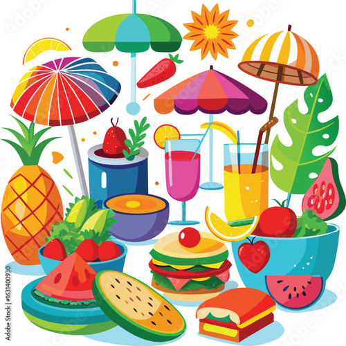 Vibrant summer picnic assortment featuring tropical fruits refreshing drinks and delicious food