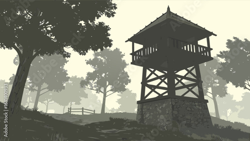 Scenic view of forest lookout tower misty landscape nature photography outdoor adventure travel destination art