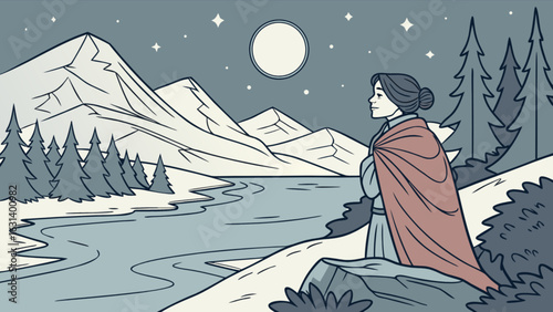 Woman in nature landscape looking at moon with mountains and forest scenery vector illustration