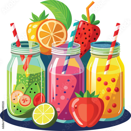 Refreshing assortment of fresh fruit smoothies in glass jars with straws and whole fruits