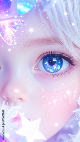 Close-up of a baby's face, digitally enhanced with sparkling effects