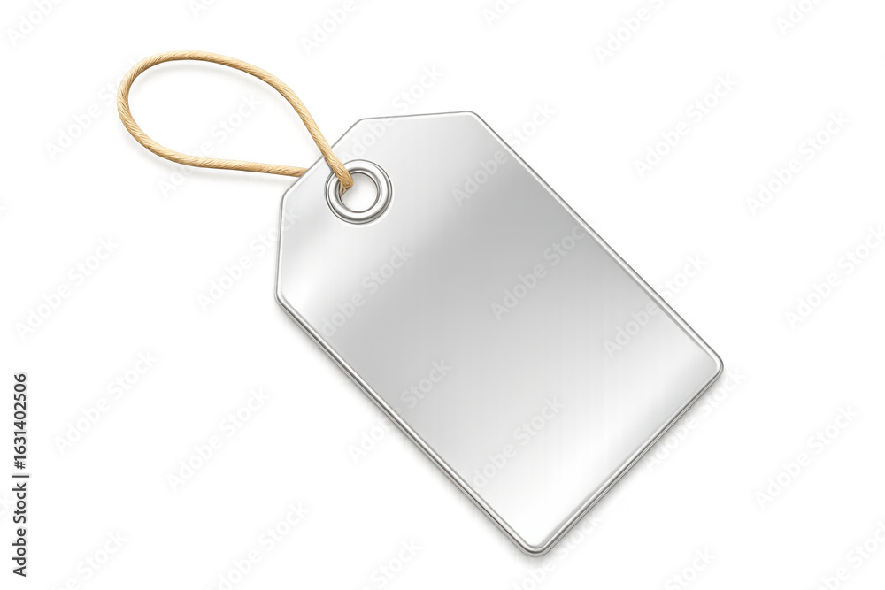 Fototapeta premium Metallic price tag dangling from string against transparent backdrop, highlighting minimalist retail pricing presentation
