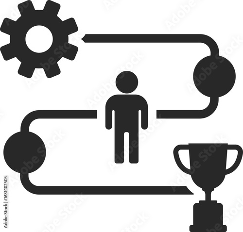 Workflow path with person and trophy showing business process, achievement, and strategic success.