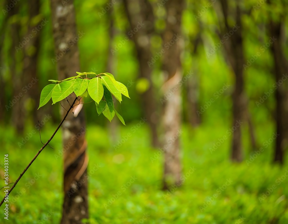 Obraz premium Lush green leaves on a branch in a rubber plantation