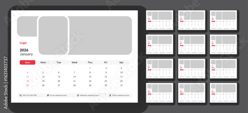 Desk Calendar Template 2026, New Year 2026 table calendar, Corporate desk calendar schedule 2026 monthly planner template, Week starts on Sunday.