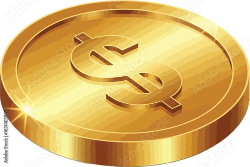 Shiny golden dollar coin with dollar sign on a white background