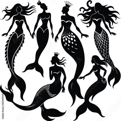 Elegant mermaids in various poses and tail designs