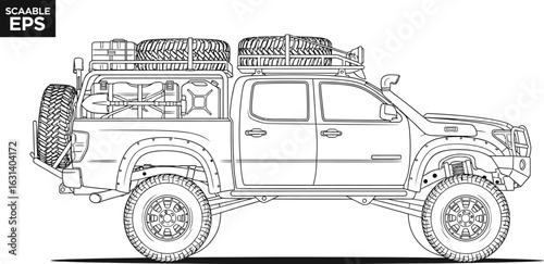 Offroad truck with adventure gear drawing