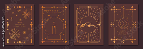 Christmas greeting card vector set. Happy new year poster template with gold line snowflake, bauble, candle, art deco frame on brown background. Design for season holidays, cover, Happy New Year.