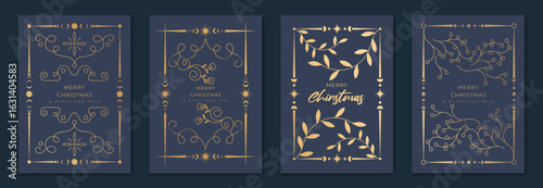 Christmas greeting card vector set. Happy new year poster template with gold line foliage and art deco frame on navy blue background. Design for season holidays, cover, Happy New Year.