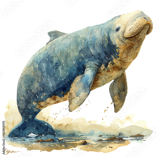 Dugong, watercolor drawing vector, isolated on a white background.