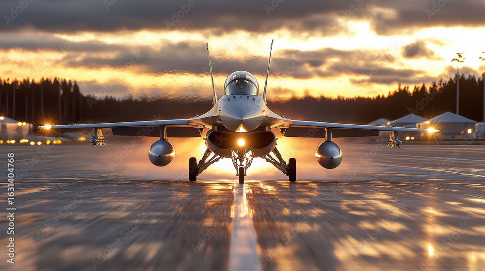 Fototapeta premium Fighter jet on during sunset, showcasing powerful afterburner and dramatic lighting