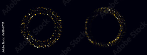 Abstract golden circle frame with glitter texture and dotted pattern. Vector design with radial symmetry and a luxurious gold background.