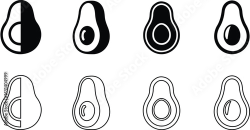Avocado Icon Set – Vector Whole and Half Avocado Fruit Symbols in Black and Outline Style.