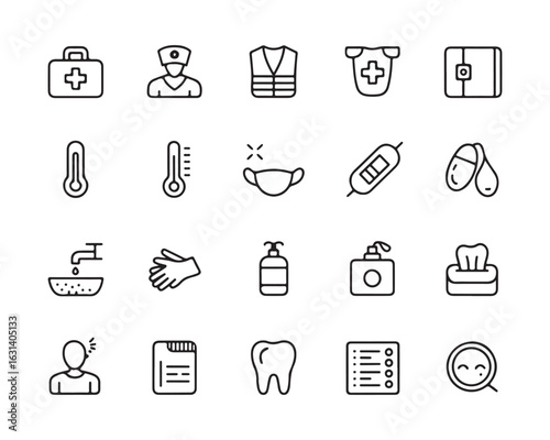 Medical and health care icons set with first aid kit thermometer mask and pills vector