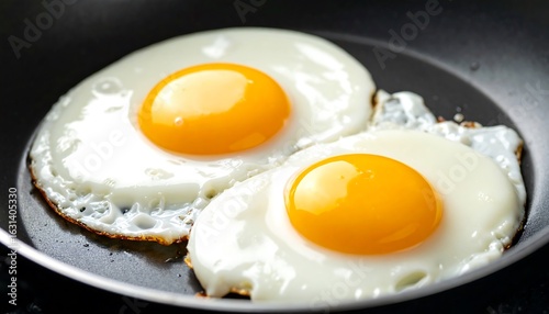 Delicious Fried Eggs in Pan Fresh breakfast concept with closeup on yellow yolks.