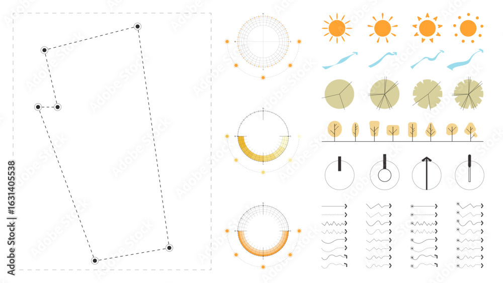 A modern site analysis symbol set for architecture and landscape design. Includes sun path, wind flow, vegetation, topography, views, and circulation arrows.