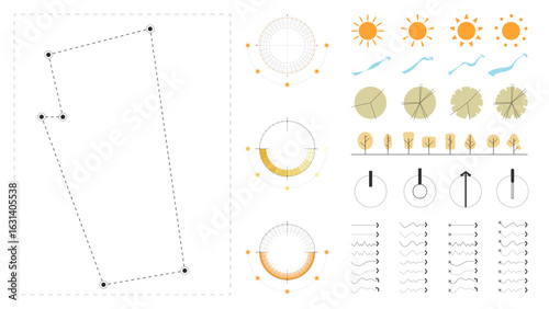 A modern site analysis symbol set for architecture and landscape design. Includes sun path, wind flow, vegetation, topography, views, and circulation arrows.