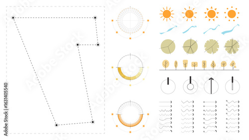 architecture site analysis symbol icon element drawing graphic flat isolated vector. architecture element line sun wind sound sun path vegetation.