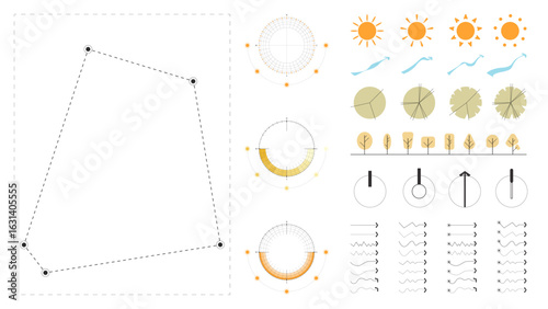 A modern site analysis symbol set for architecture and landscape design. Includes sun path, wind flow, vegetation, topography, views, and circulation arrows.