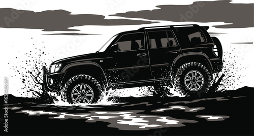 Suv driving through water splash offroad