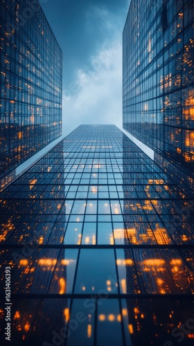 Wallpaper Mural Urban skyline with mirrored skyscrapers reflecting orange lights during twilight Torontodigital.ca