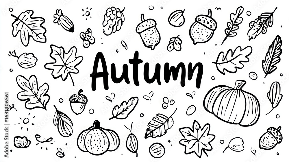 Fototapeta premium Line art of autumn foliage, pumpkins, acorns, and the word 