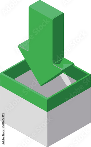 Green Arrow Pointing Down into Box on White Background, 3D Render