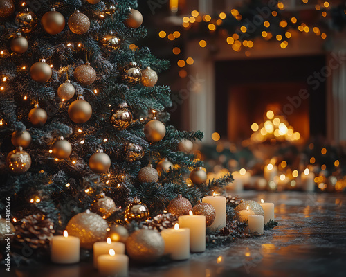 A cozy holiday scene with a richly decorated Christmas tree, glowing candles, and a subtle fireplace, Generative AI