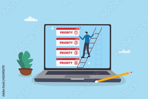 Priority work moving urgent and important task on top, planning with urgency list, critical or deadline work to be done, project planning concept, businessman move priority task on computer laptop.