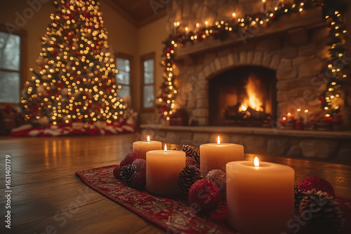 Lit candles and pinecones in a room with a Christmas tree and a glowing fireplace, Generative AI