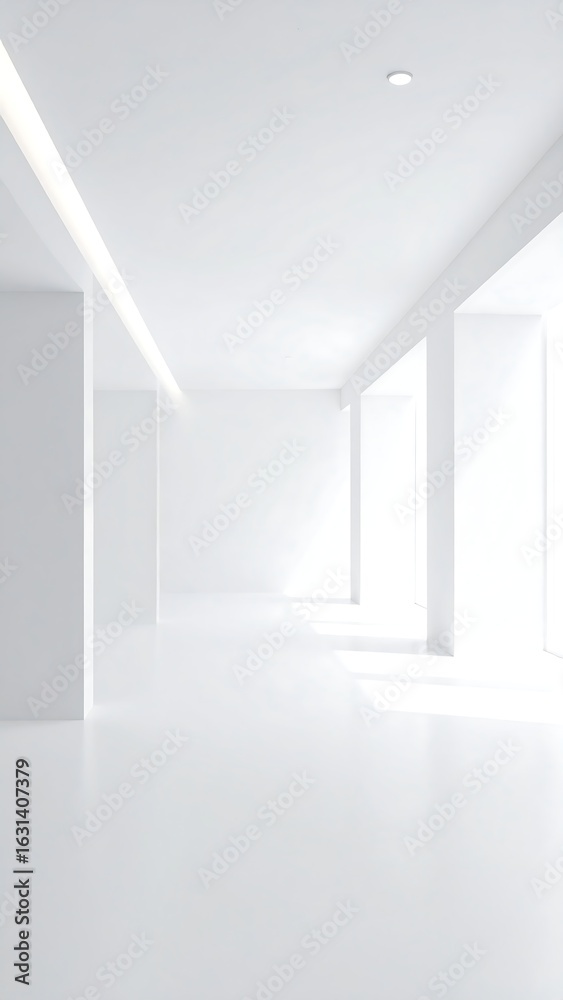 Fototapeta premium Bright, minimalist white room; sunlight streams through large windows, illuminating the clean, spacious interior