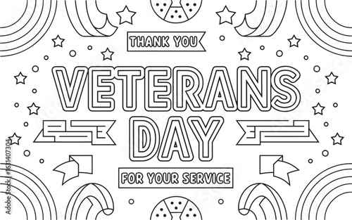 Veterans Day Coloring Page with Bold Lettering, Stars, Banners, and Rainbows Thank You for Your Service Tribute Design, veterans day, thank you service