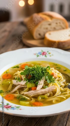 Delicious traditional polish rosol chicken noodle soup with fresh dill parsley and carrot in a bowl