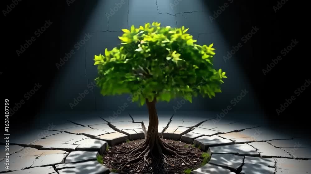 Resilient Growth: A verdant tree thrives against all odds, its roots ...