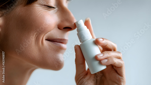 a person holding a nasal spray bottle, possibly for relief from congestion or allergies. The person appears to be using the spray and looking relaxed.