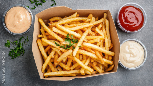 Crispy shoestring fries served in box with dipping sauces on side, creating delicious snack