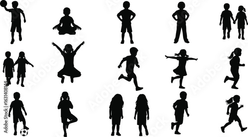 Children silhouette collection, kids playing, running, jumping, sitting, standing, childhood activity, diverse poses, black vector, isolated design, interaction