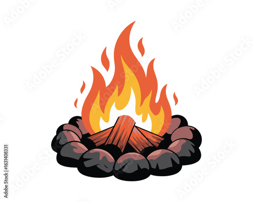 Vibrant campfire flames surrounded by dark rocks
