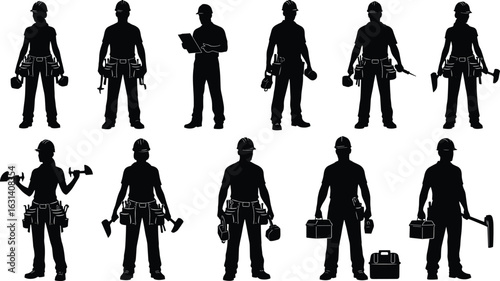 Construction worker silhouettes, holding tools, toolbox, clipboard, hard hats, tool belts, manual labor, industrial pose, job site, repair, building