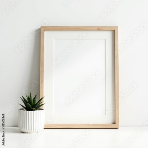 Frame mockup  minimalist wooden frame with white matting and small succulent plant on a white surface near a wall