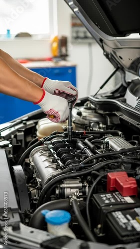Mechanic hand with glove using tool to repair car engine auto repair shop, showing maintenance process and technical skill, mechanic hand glove car engine repair maintenance tool workshop automobile