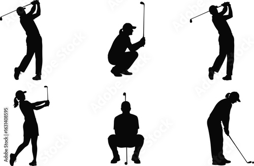 Golf silhouette collection, swinging club, putting posture, squatting stance, black figure set, athletic gesture pack, sports motion reference, body action illustration