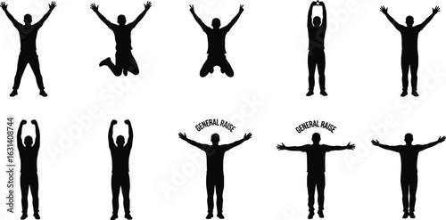Human silhouette poses, arms raised, jumping, kneeling, standing, extended arms, general raise, black figure, white background, motion gesture, design element