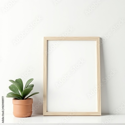 Frame mockup  a plant in a pot and a blank frame against a white wall creating a simple and clean aesthetic look