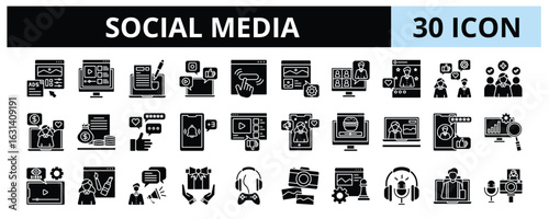 30 Social Media Glyph Icons Vector - social media, network, internet, communication, online, follow, post