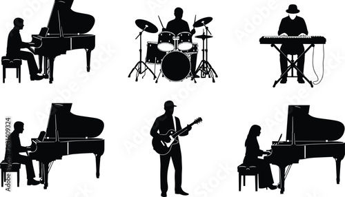 Musician silhouettes, playing piano, drum set, keyboard, electric guitar, black outline, isolated, music performance, band, concert, artistic pose, instrument
