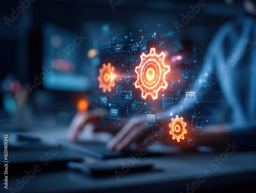 A digital workspace featuring glowing gears, symbolizing automation and technology, with a person working on a computer in the background.