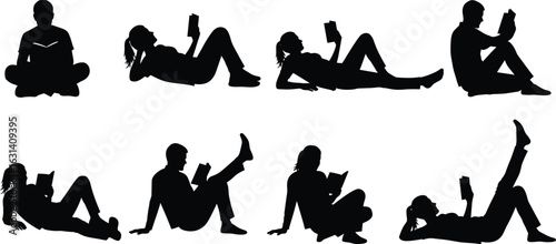 Reading posture silhouettes, people reading books, relaxed positions, sitting, lying down, cross-legged, leisure activity, book lovers, study concept, lifestyle illustration